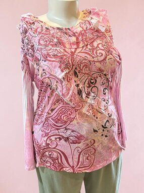 French Bazaar Sz 2X Pink & White Butterfly Ruffle Pleat Sparkle Top NEW NWT